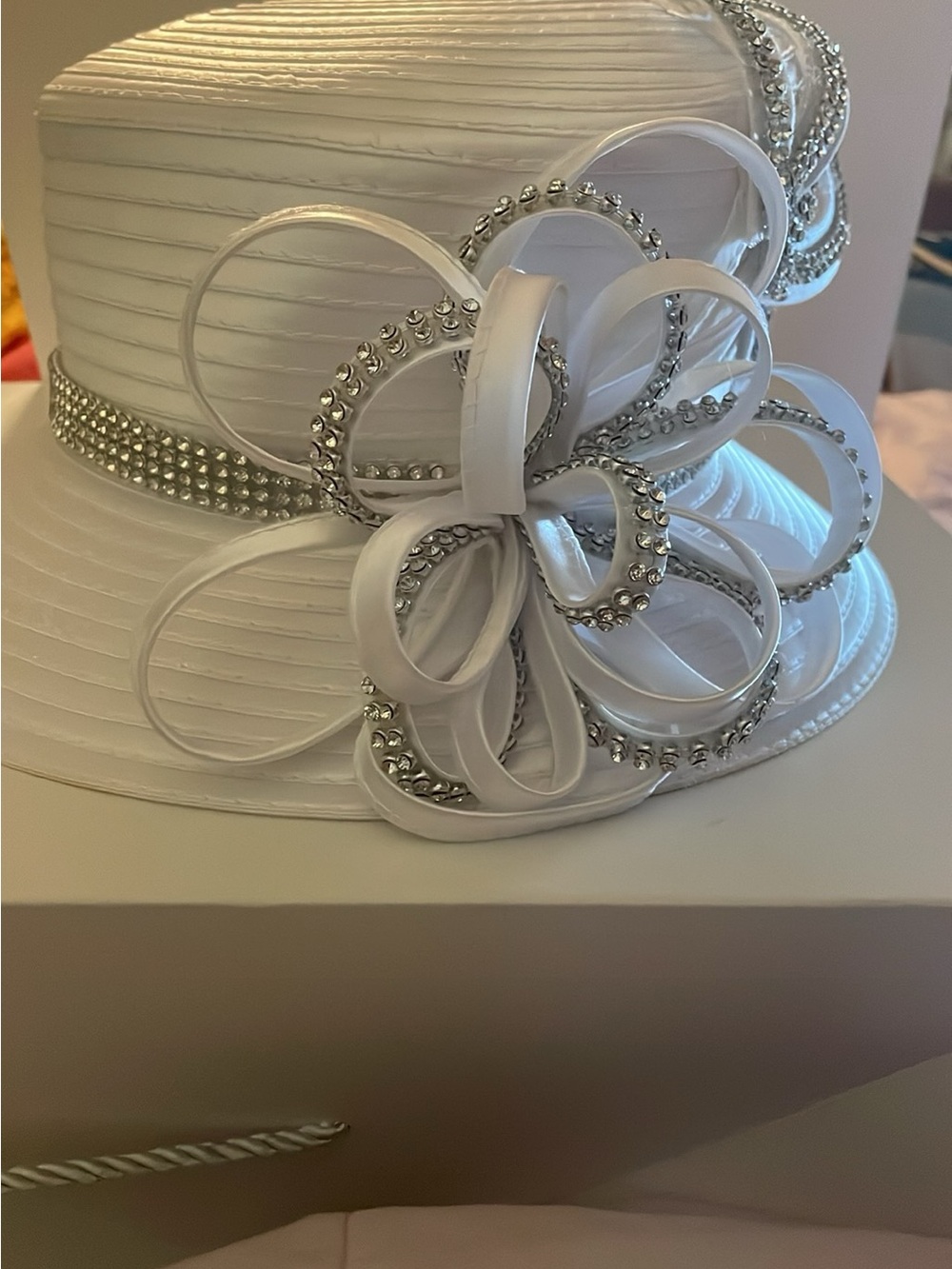 Elegant White Women's Decorative Hat with Silver Rhinestone Accents